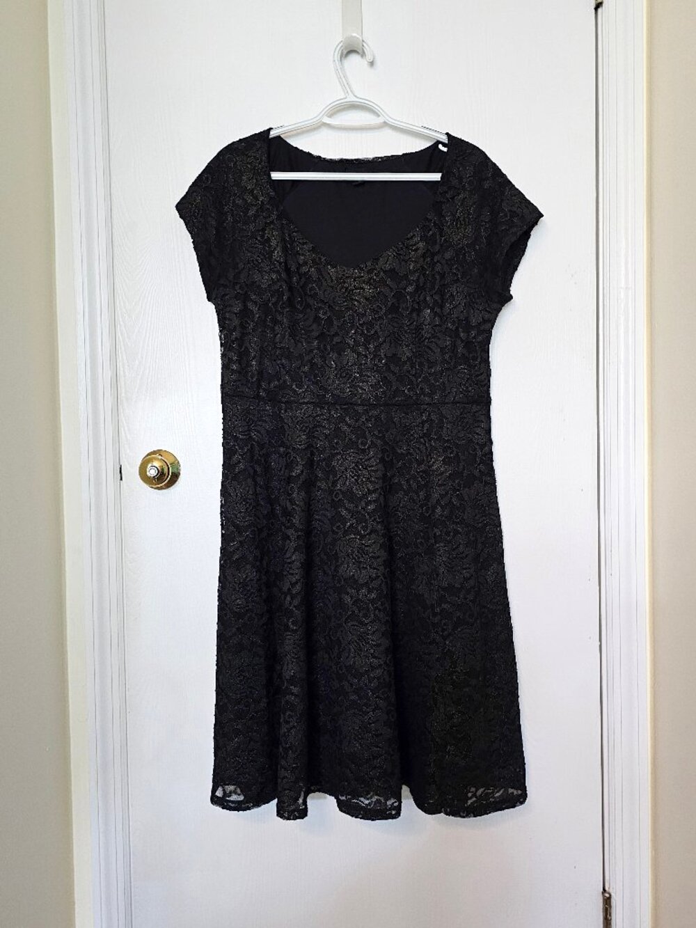 Torrid fit and flare black lace with gold glitter short sleeve dress